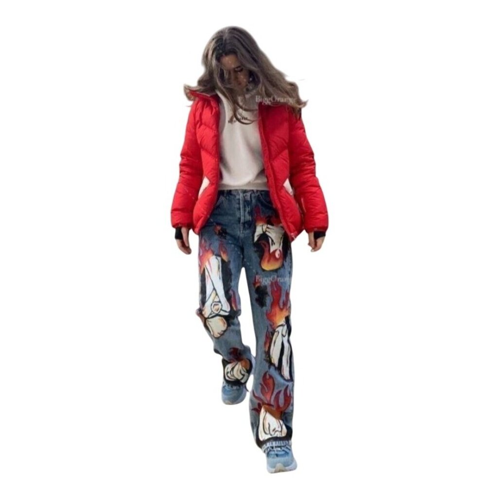 Flame Print Jeans Retro Hip Hop Loose Straight Wide Leg NWT Womens‎ Size 30